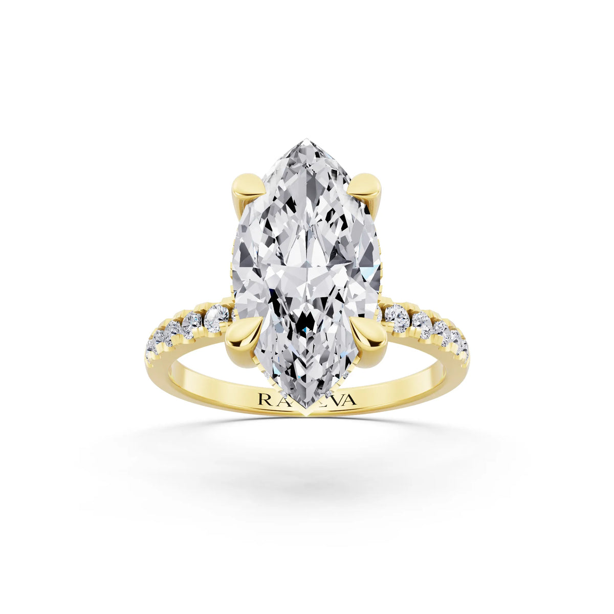 18 KT Yellow Gold Marquise Cut Diamond Solitaire Ring with Round Pavé Band and Prong Setting - front view