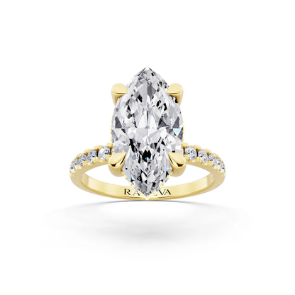 18 KT Yellow Gold Marquise Cut Diamond Solitaire Ring with Round Pavé Band and Prong Setting - front view