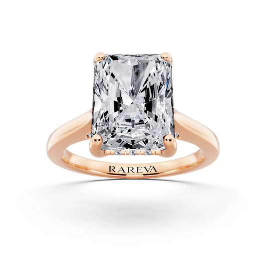 18 KT Rose Gold Radiant Cut Diamond Solitaire Ring with Cathedral Band - front view