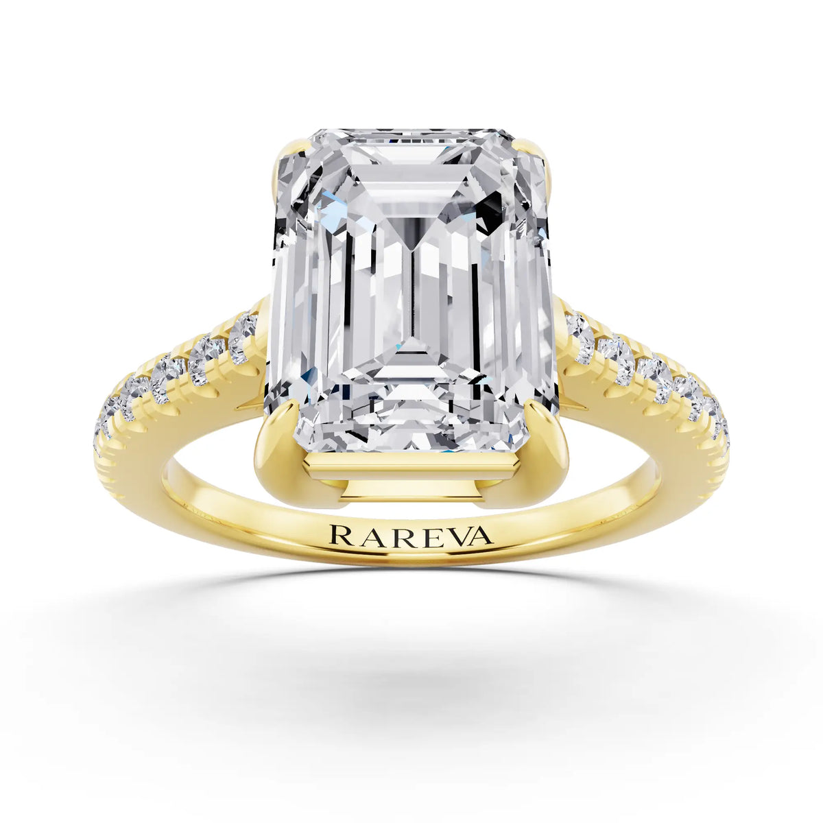 18 KT Yellow Gold Emerald Cut Diamond Claw Prong Solitaire Ring with French Pave Band - front view