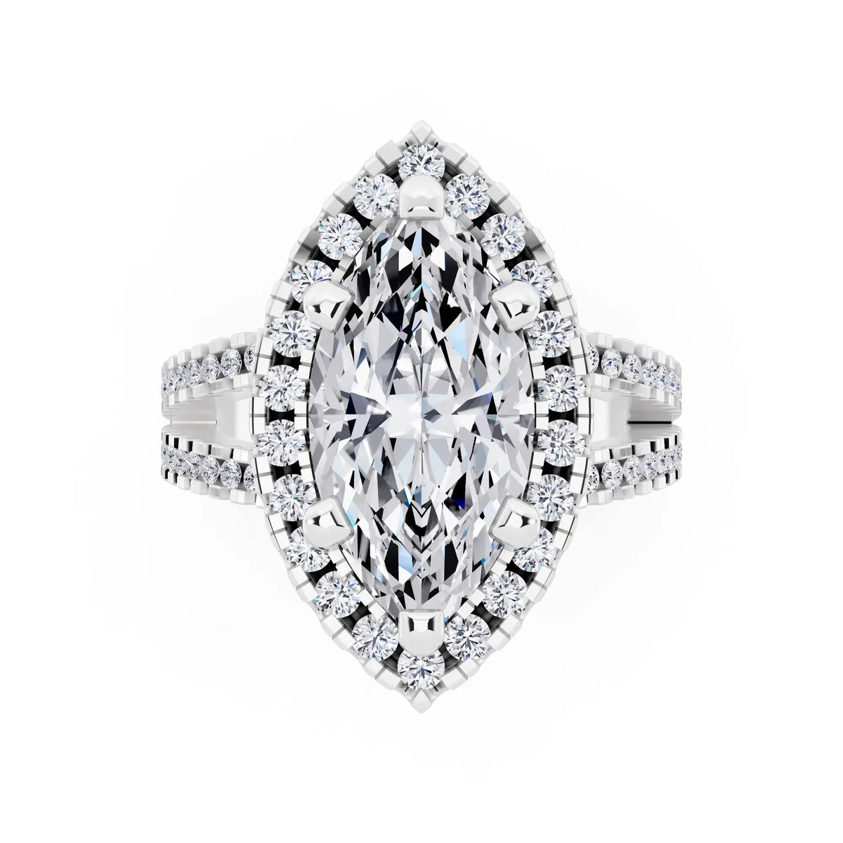 14 KT White Gold Marquise Cut Diamond Halo Ring with Pave Split Shank - top angle