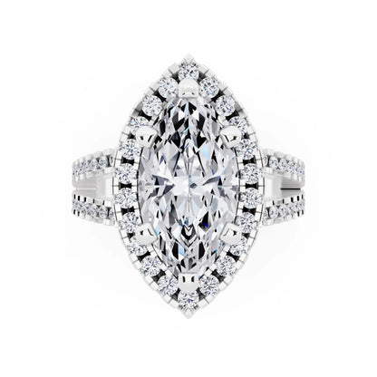 14 KT White Gold Marquise Cut Diamond Halo Ring with Pave Split Shank - top angle