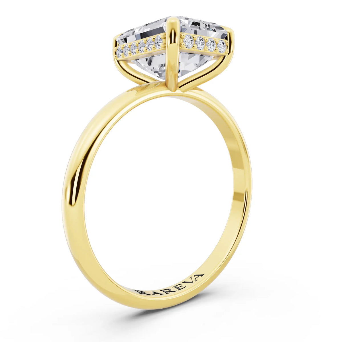 14 KT Yellow Gold Emerald Cut Diamond Hidden Halo Solitaire Ring - top view