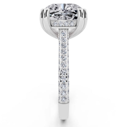 18 KT White Gold Cushion Cut Diamond Hidden Halo Double Claw Pave Band Ring - side view