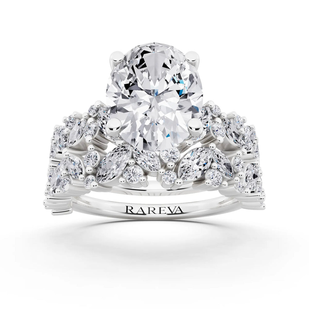 18 KT White Gold Oval Cut Diamond Ring with Marquise Cluster Band - front view