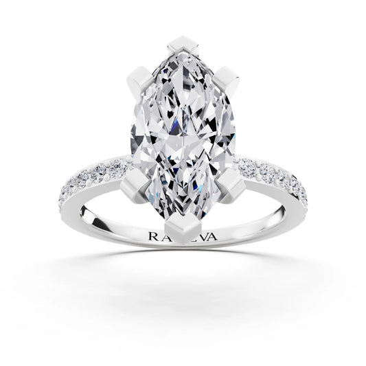 14 KT White Gold Marquise Cut Diamond Solitaire Ring with Pave Shank - front view