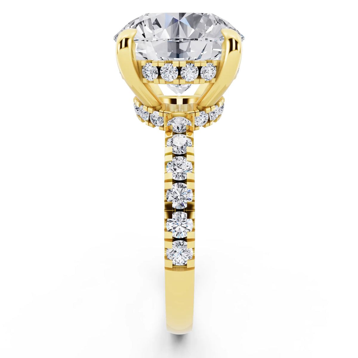 14 KT Yellow Gold Round Cut Diamond Hidden Halo Tiger Prong Pave Band Ring - side view