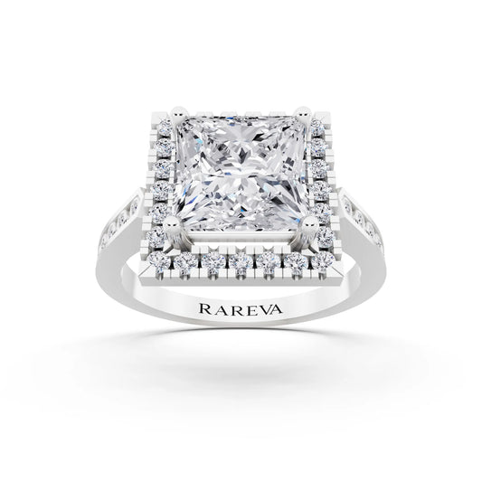 14 KT White Gold Princess Cut Diamond Halo Ring with Bezel Accent Band - front view