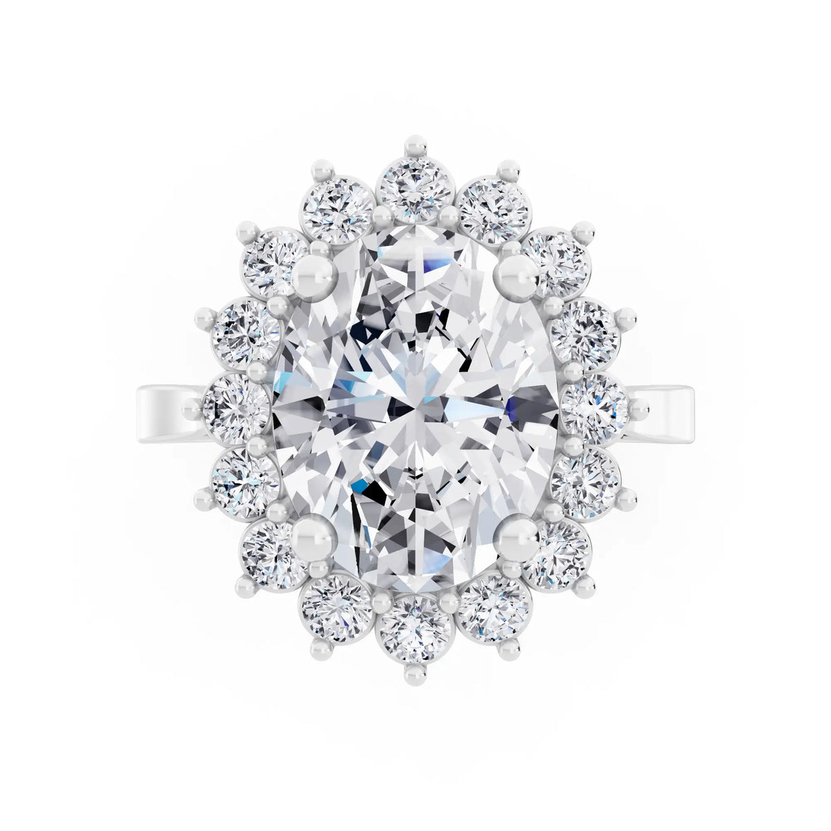 Platinum Oval Cut Diamond Floral Halo Ring - Top down