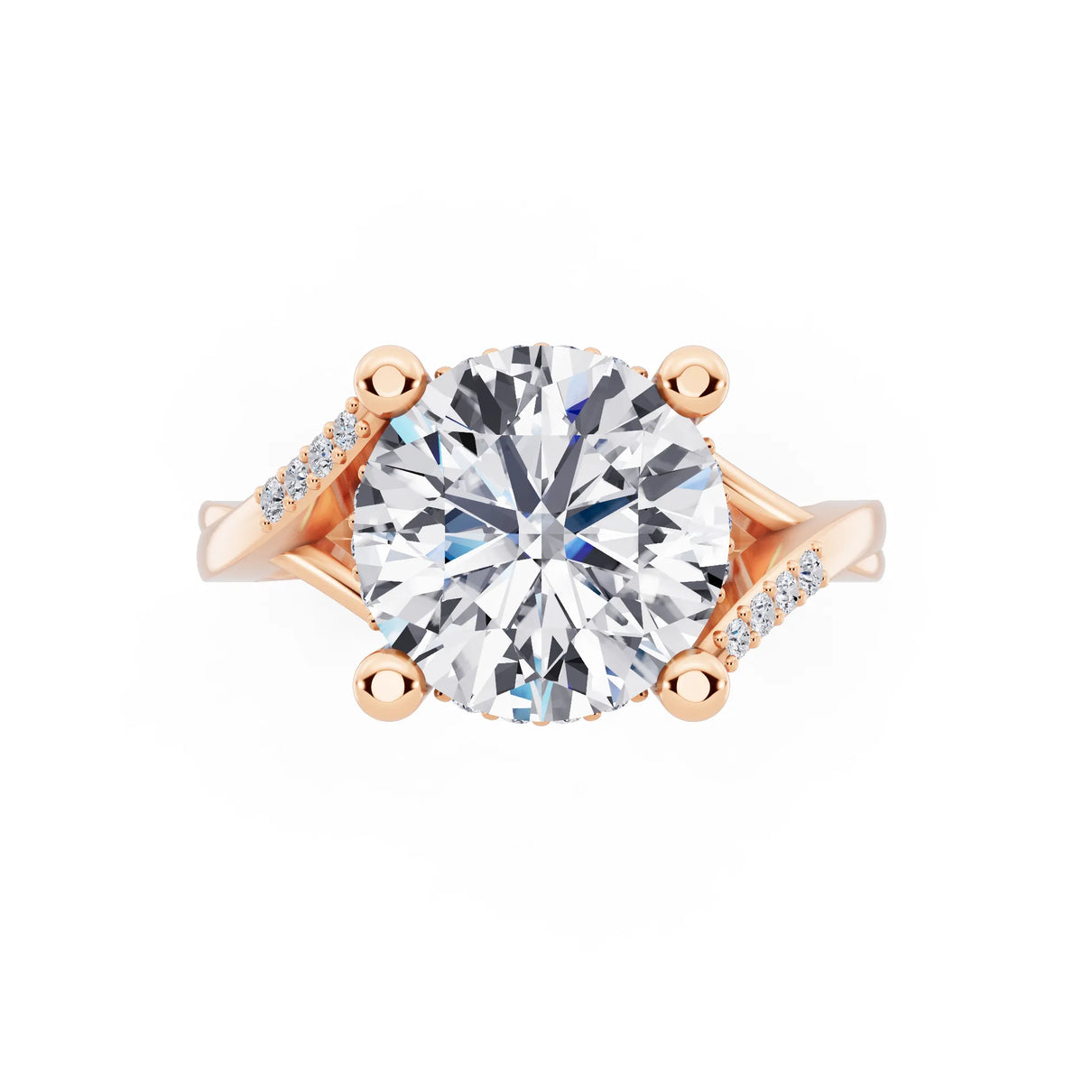 14 KT Rose Gold Round Cut Diamond Split Shank Engagement Ring with Hidden Halo - top angle