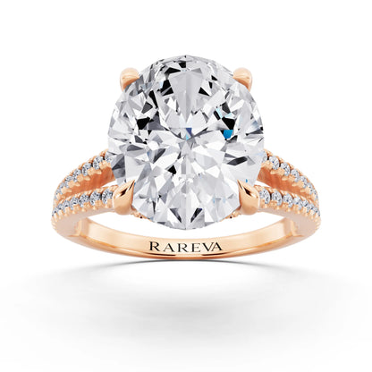 14 KT Rose Gold Oval Cut Diamond Ring with Pavé Split Shank - front view