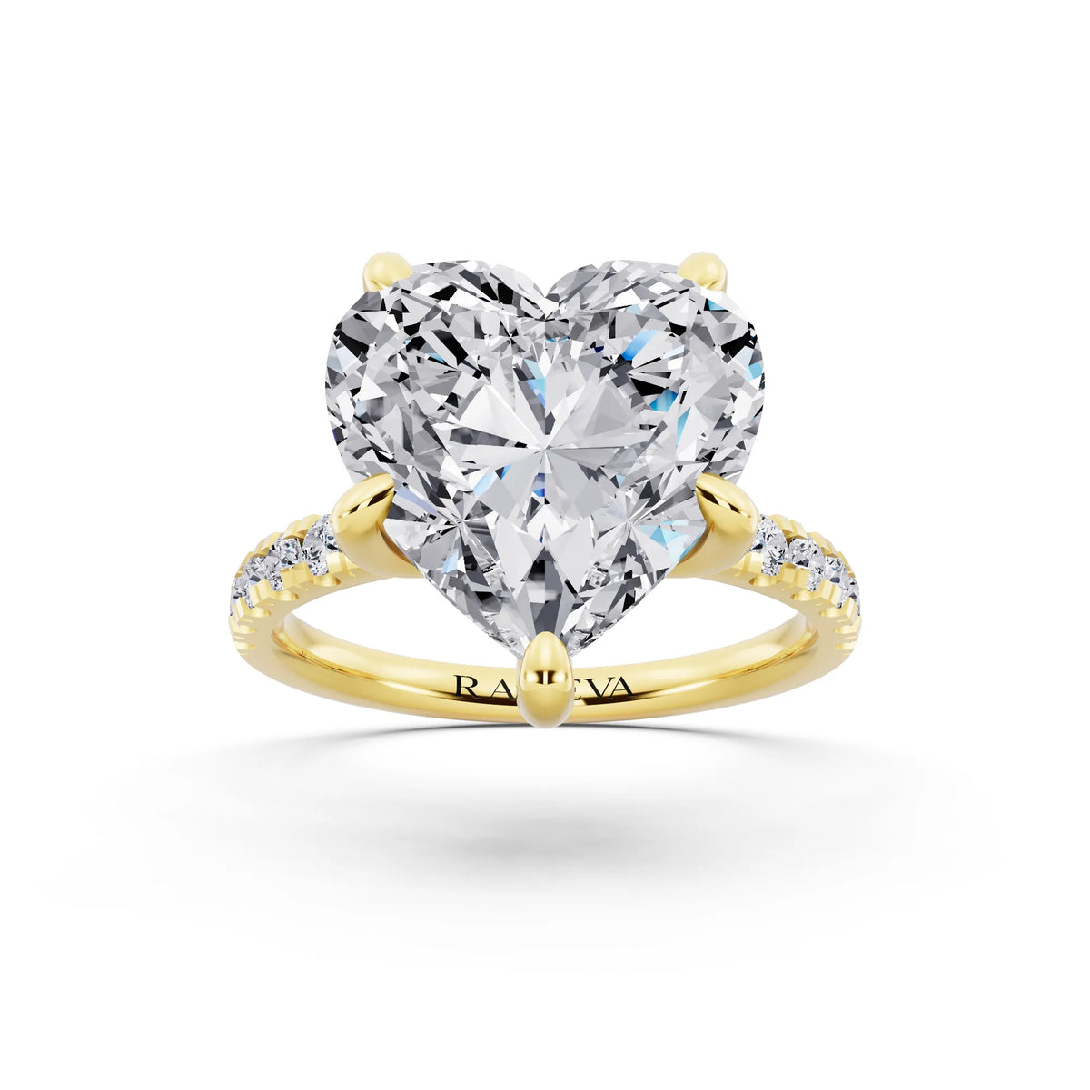 18 KT Yellow Gold Heart Cut Diamond Hidden Halo Tiger Prong Pave Band Ring - front view