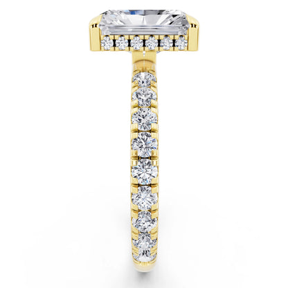 18 KT Yellow Gold Radiant Cut Diamond Solitaire Ring with Hidden Halo and French Pave Band - side view