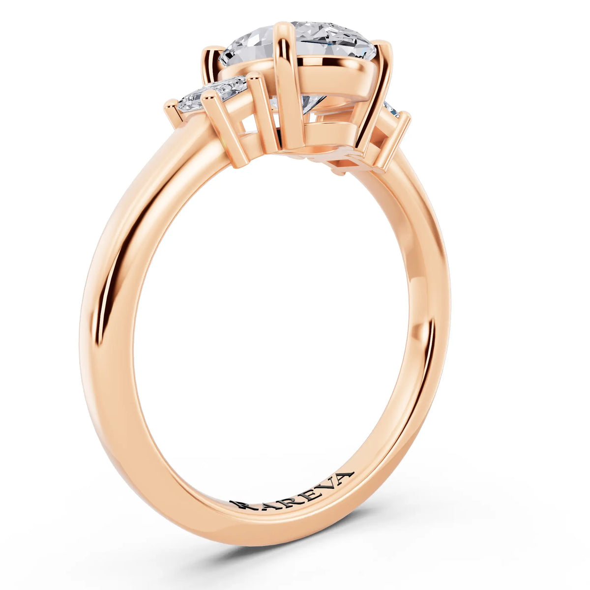 18 KT Rose Gold Oval Cut Diamond Three Stone Emerald Accent Ring - top view