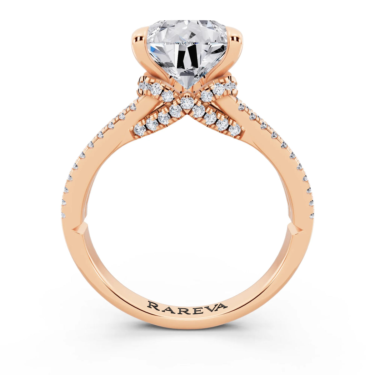 18 KT Rose Gold Pear Cut Diamond Ring with Pavé Split Shank - through finger