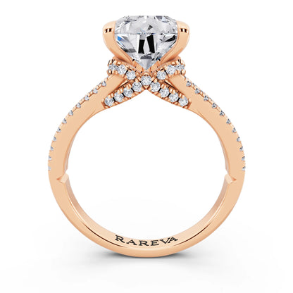 18 KT Rose Gold Pear Cut Diamond Ring with Pavé Split Shank - through finger