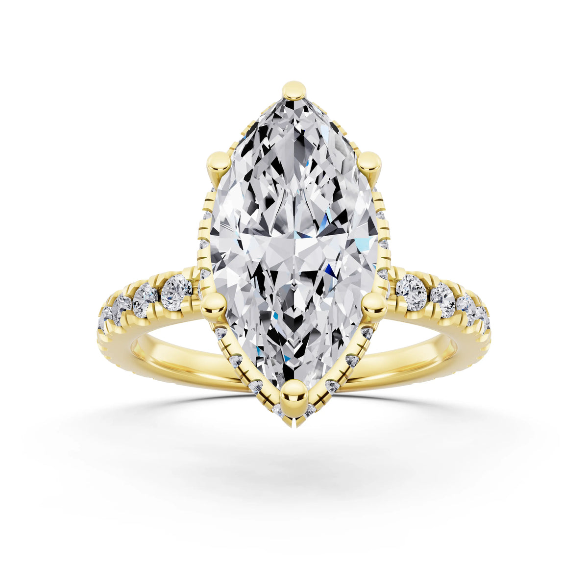 18 KT Yellow Gold Marquise Cut Diamond Hidden Halo Ring with Pave Band - front view