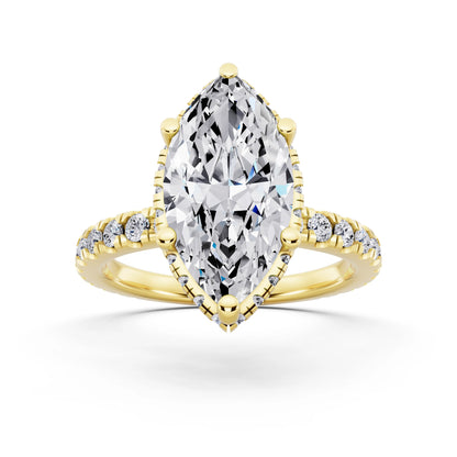 18 KT Yellow Gold Marquise Cut Diamond Hidden Halo Ring with Pave Band - front view