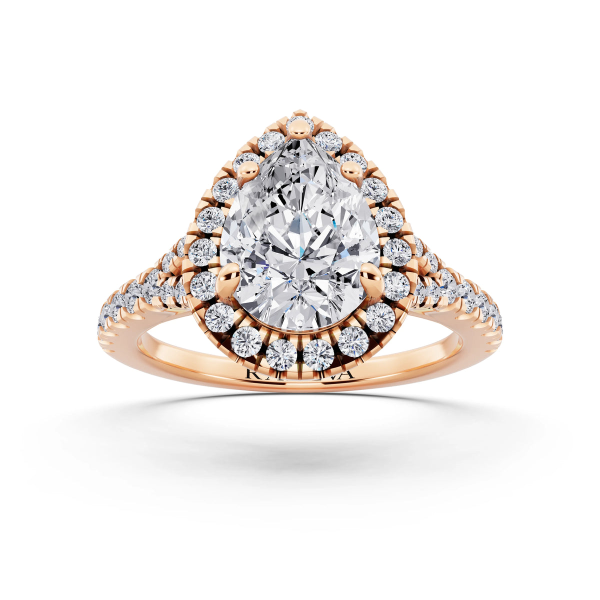18 KT Rose Gold Pear Cut Diamond Halo Ring with Split Shank - front view