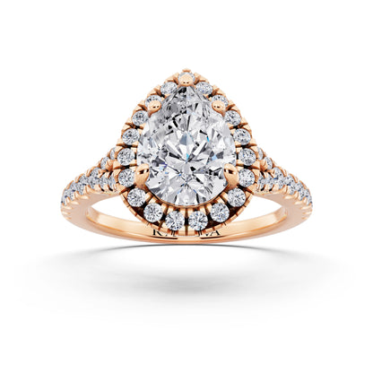 18 KT Rose Gold Pear Cut Diamond Halo Ring with Split Shank - front view