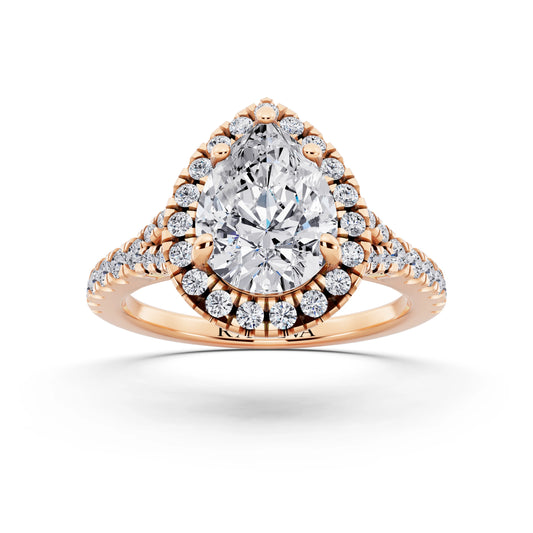 18 KT Rose Gold Pear Cut Diamond Halo Ring with Split Shank - front view