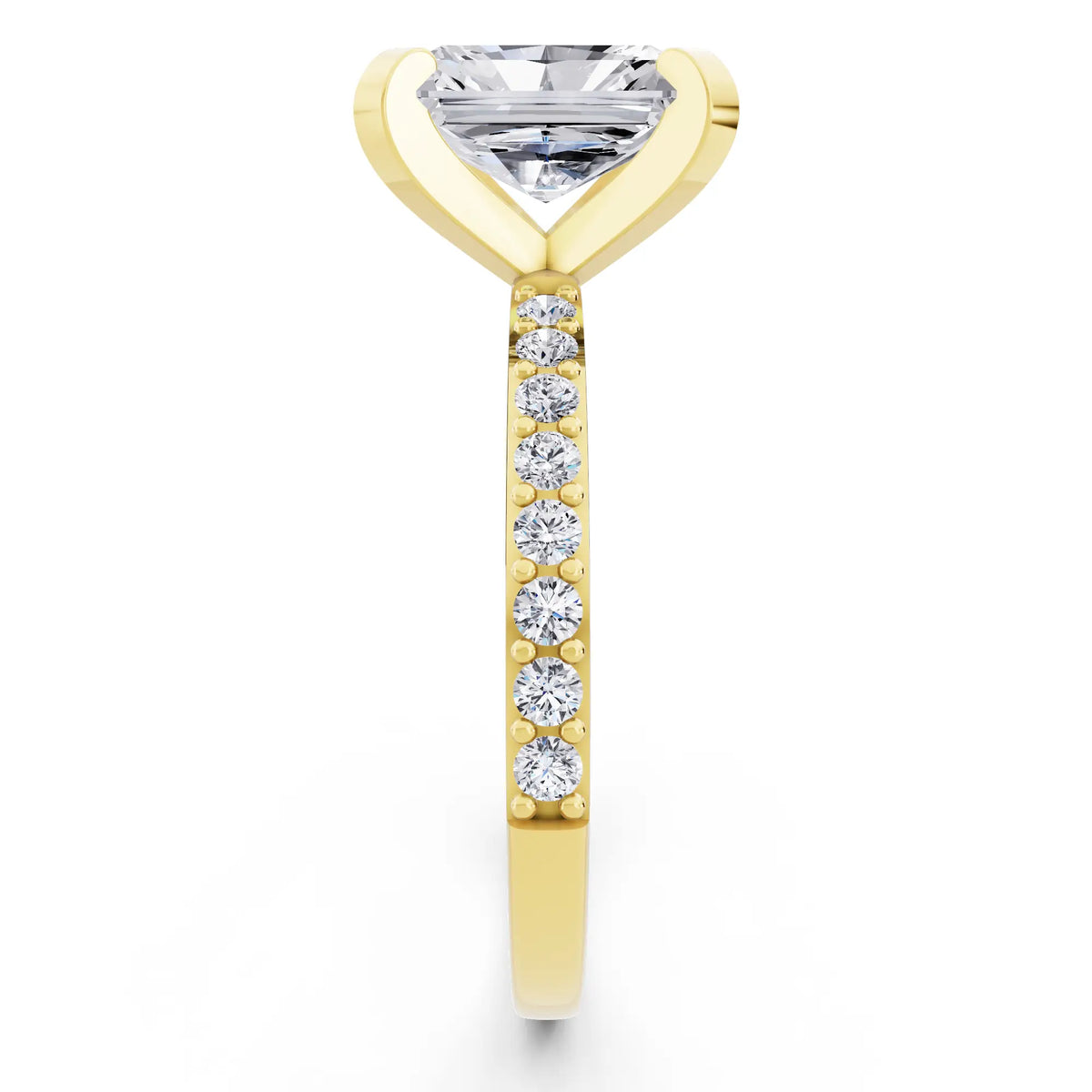 18 KT Yellow Gold Radiant Cut Diamond Solitaire Ring with Pave Shank - side view