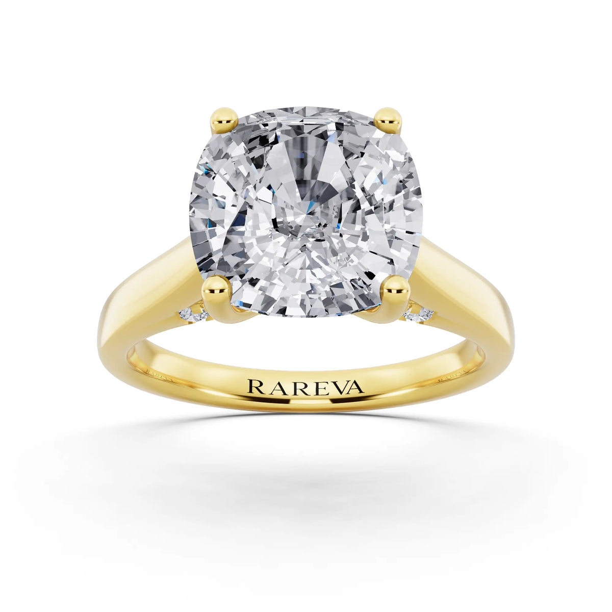 14 KT Yellow Gold Cushion Cut Diamond Solitaire Ring with Hidden Accent - front view