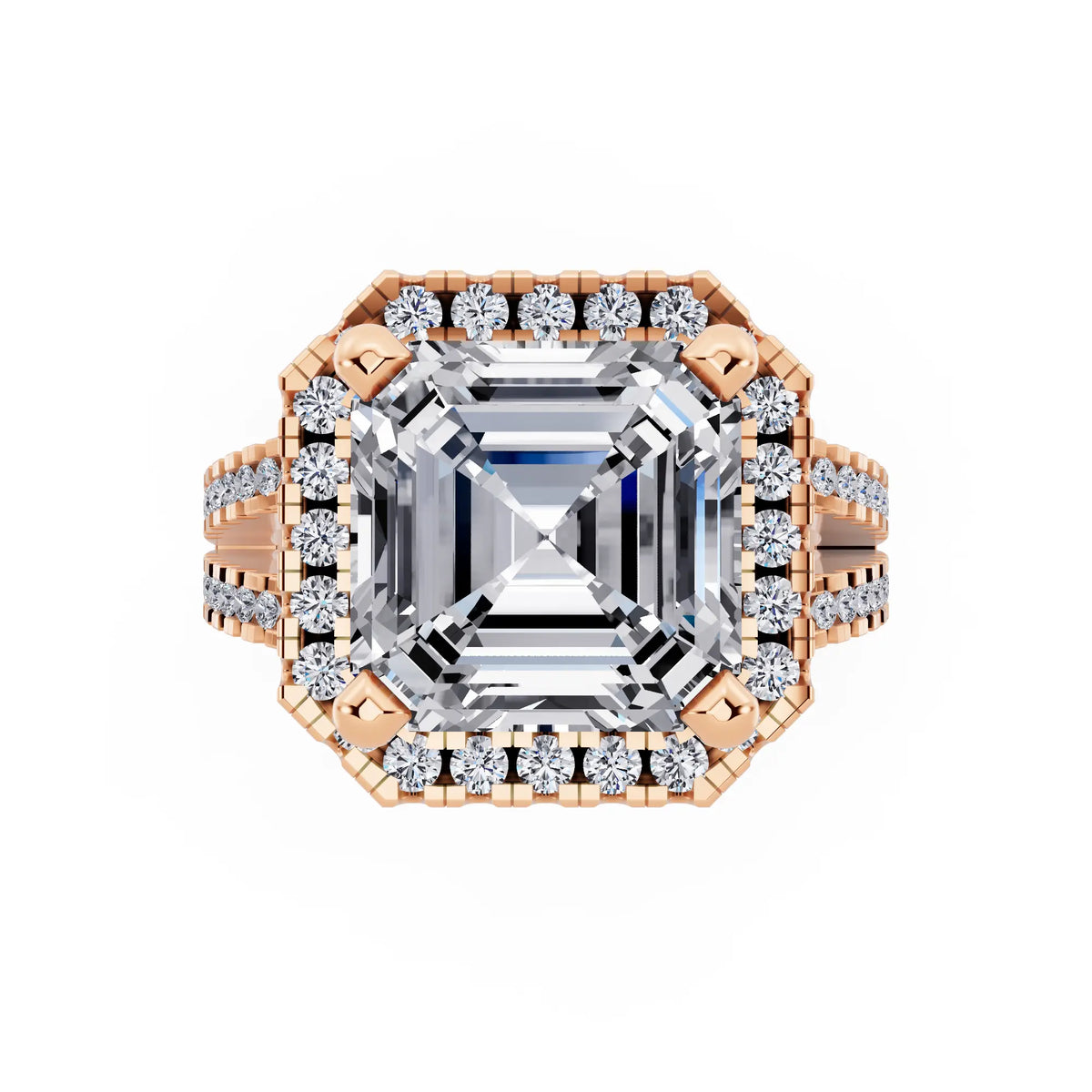 14 KT Rose Gold Asscher Cut Diamond Halo Ring with Pave Split Shank - top angle