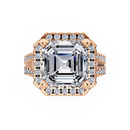 14 KT Rose Gold Asscher Cut Diamond Halo Ring with Pave Split Shank - top angle