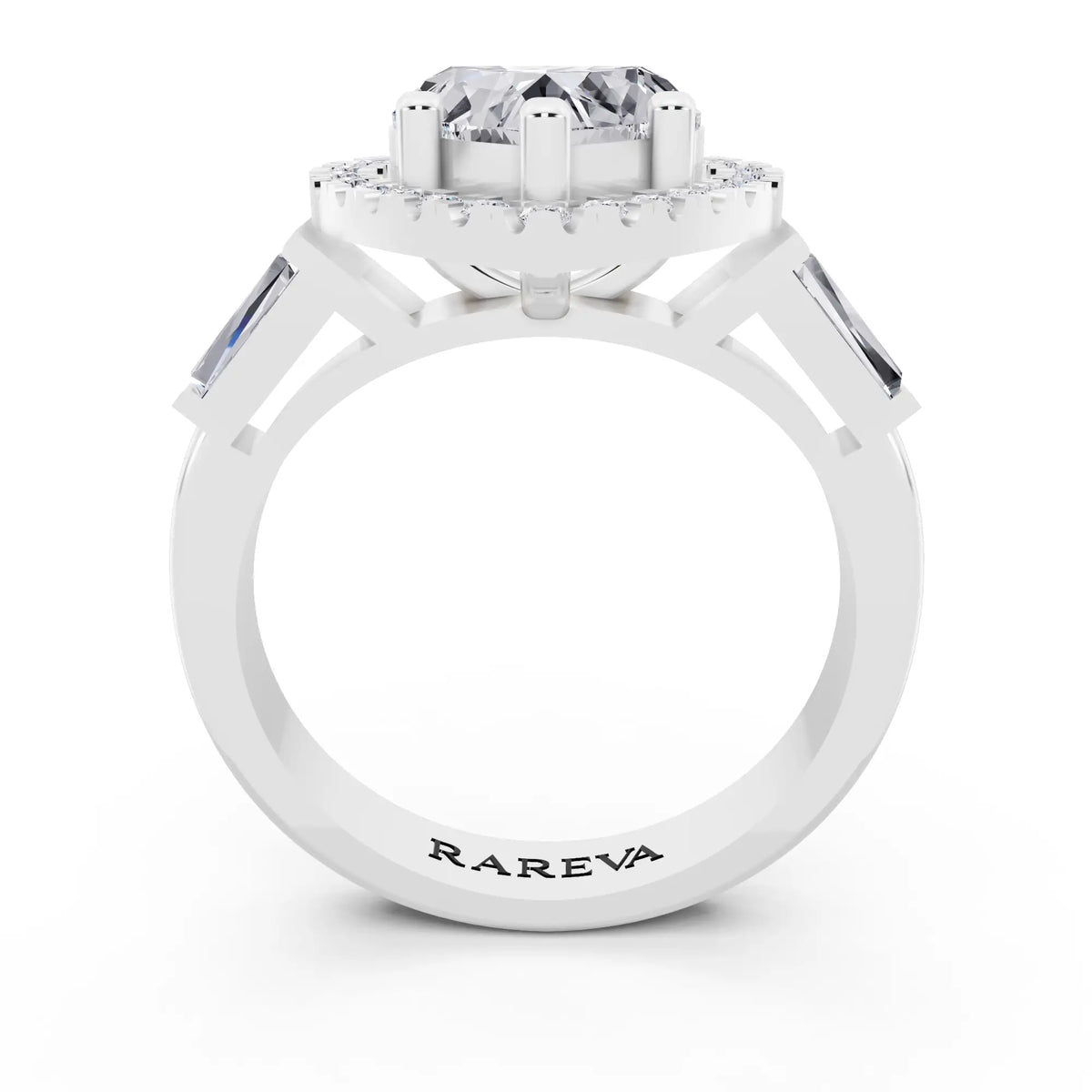 18 KT White Gold Heart Cut Diamond Halo Ring with Baguette Accents - through finger
