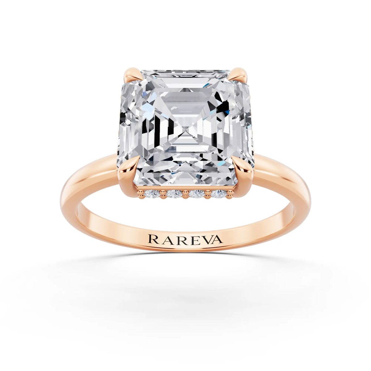 14 KT Rose Gold Asscher Cut Diamond Hidden Halo Solitaire Ring - front view