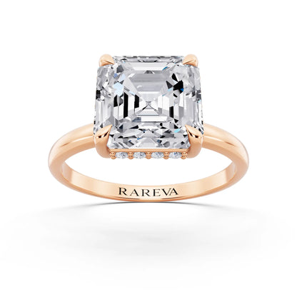 14 KT Rose Gold Asscher Cut Diamond Hidden Halo Solitaire Ring - front view