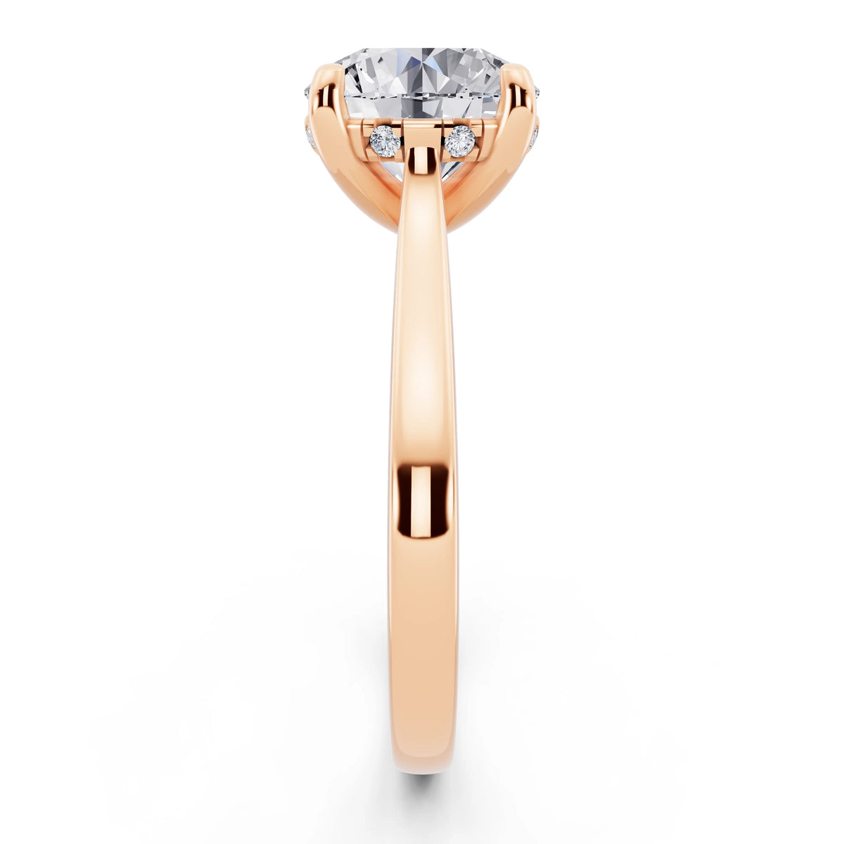 18 KT Rose Gold Round Cut Diamond Solitaire Ring with Cathedral Band - side view
