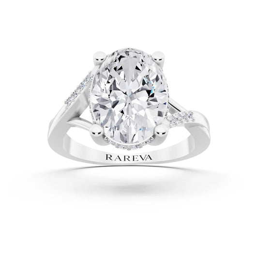 14 KT White Gold Oval Cut Diamond Split Shank Engagement Ring with Hidden Halo - front view