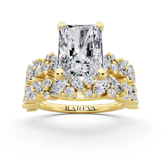 14 KT Yellow Gold Radiant Cut Diamond Ring with Marquise Cluster Band - front view