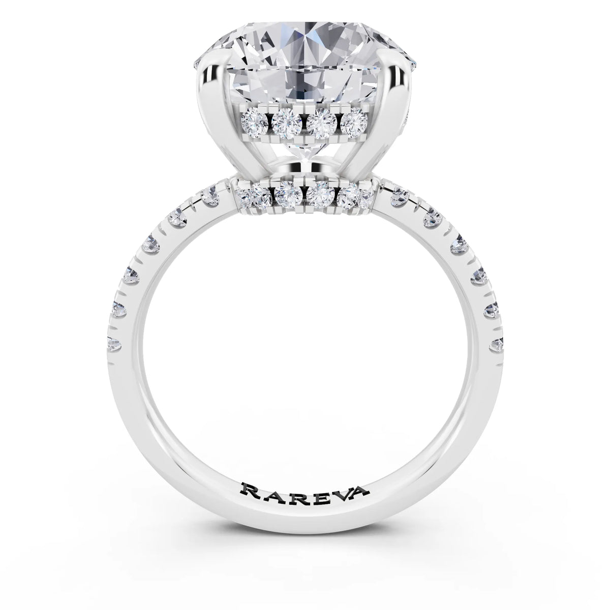 14 KT White Gold Round Cut Diamond Hidden Halo Tiger Prong Pave Band Ring - through finger