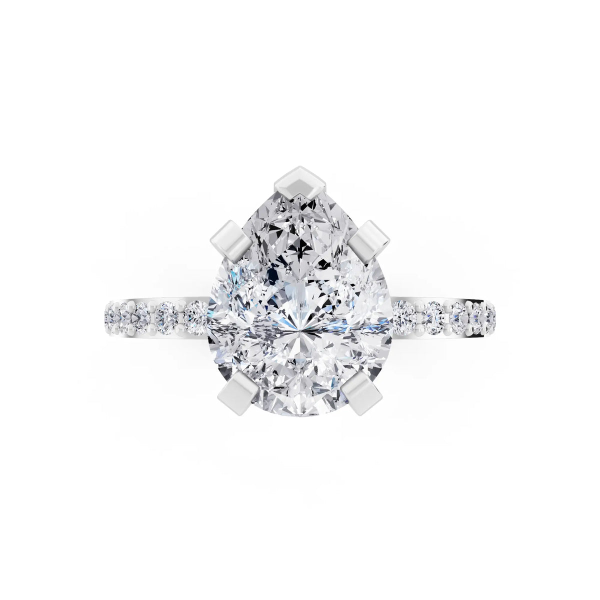 18 KT White Gold Pear Cut Diamond Solitaire Ring with Pave Shank - top angle
