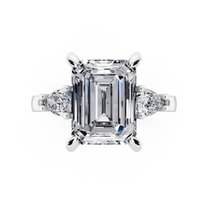 Platinum Emerald Cut Diamond Three Stone Pear Accent Vintage Pave Ring - top angle