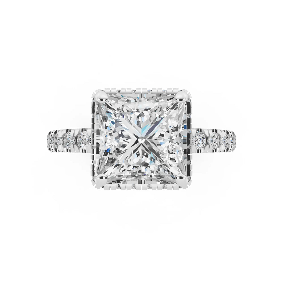 18 KT White Gold Princess Cut Diamond Hidden Halo Ring with Pave Band - top angle