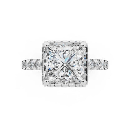 18 KT White Gold Princess Cut Diamond Hidden Halo Ring with Pave Band - top angle