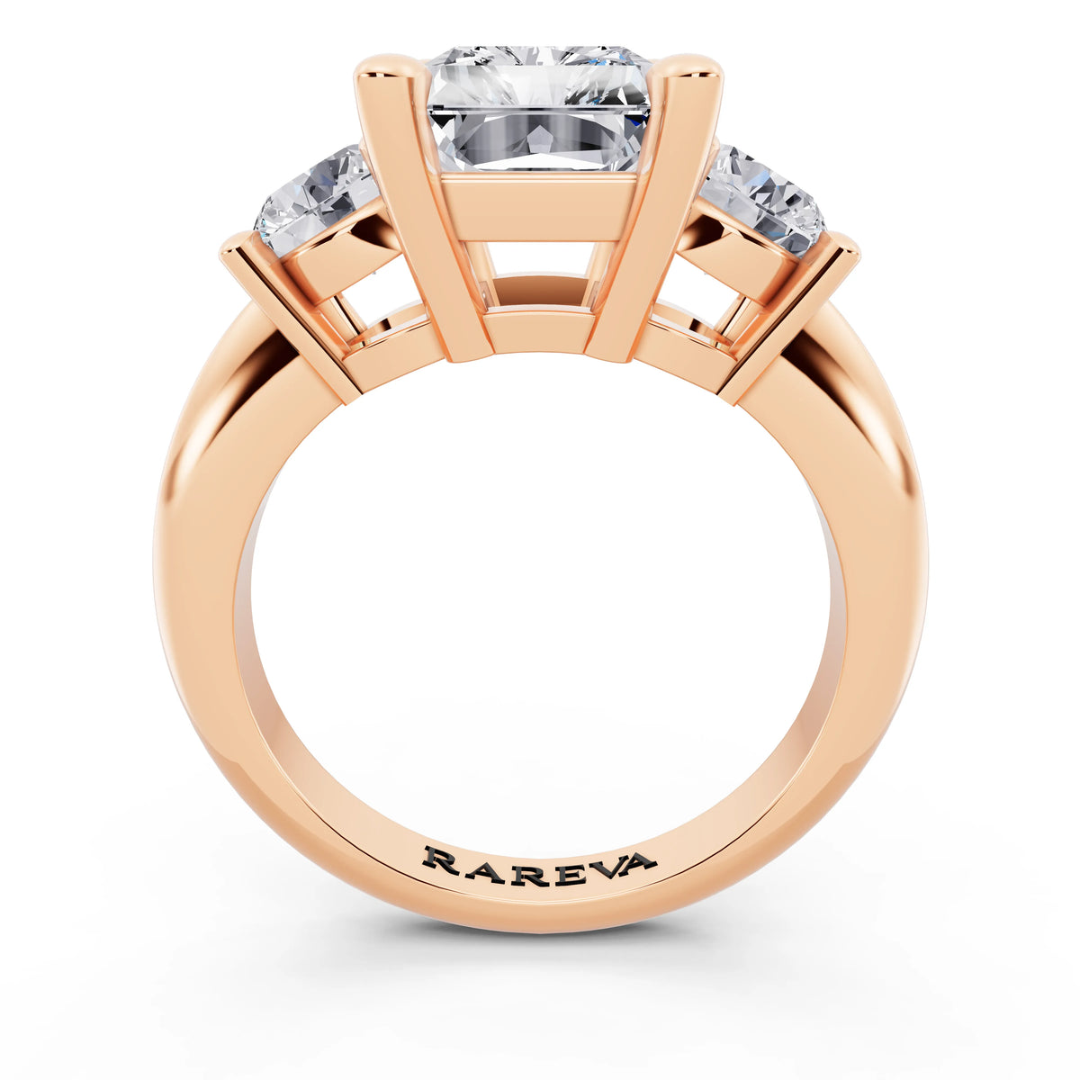18 KT Rose Gold Radiant Cut Diamond Three Stone Ring with Round Accents - through finger