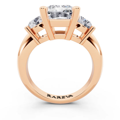 18 KT Rose Gold Radiant Cut Diamond Three Stone Ring with Round Accents - through finger