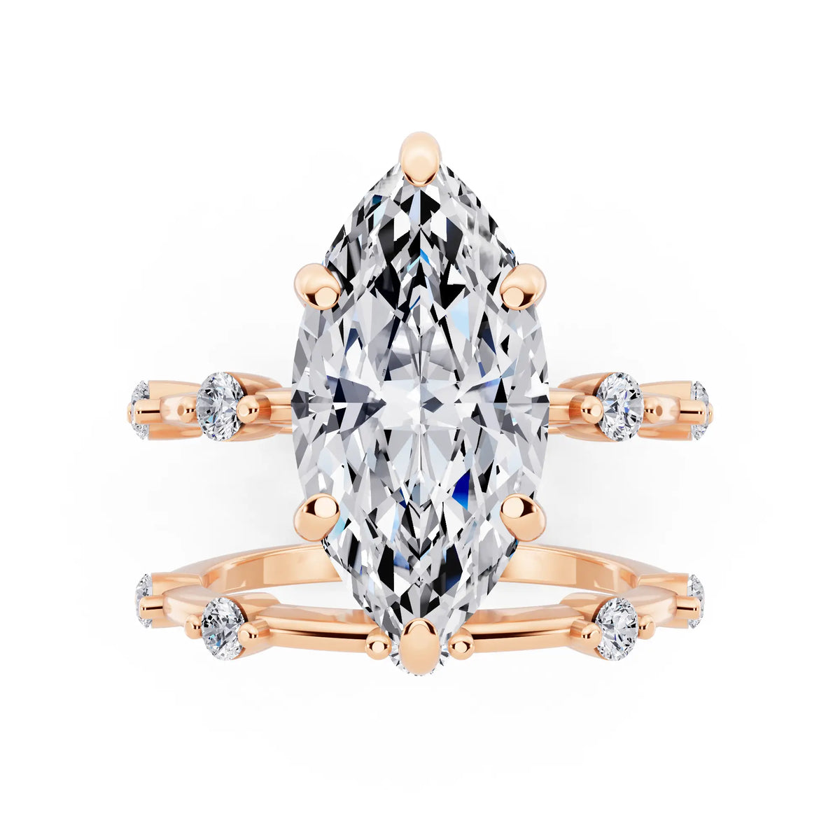 18 KT Rose Gold Marquise Cut Diamond Ring with Floating Accent Band - top angle