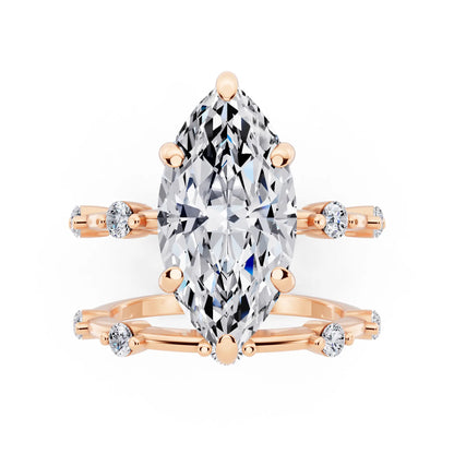 18 KT Rose Gold Marquise Cut Diamond Ring with Floating Accent Band - top angle