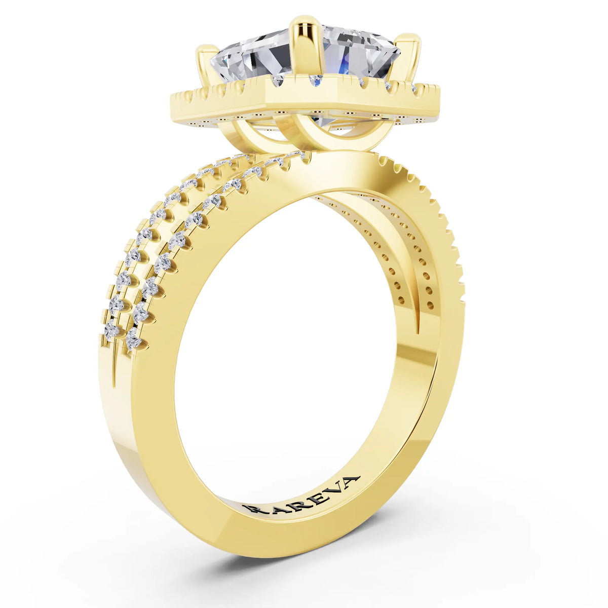 14 KT Yellow Gold Emerald Cut Diamond Halo Ring with Pave Split Shank - top view