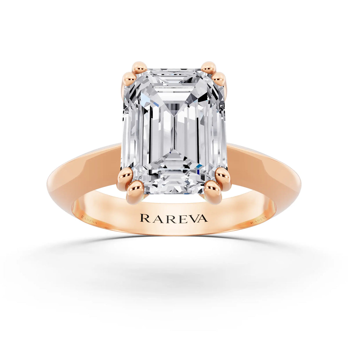 14 KT Rose Gold Emerald Cut Diamond Solitaire Ring with Knife Edge Band - front view