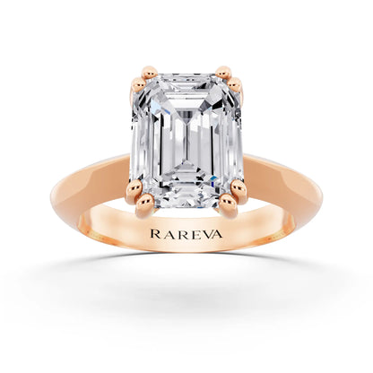 14 KT Rose Gold Emerald Cut Diamond Solitaire Ring with Knife Edge Band - front view