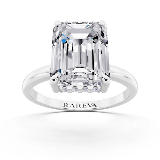 14 KT White Gold Emerald Cut Diamond Solitaire Ring with Hidden Halo - front view