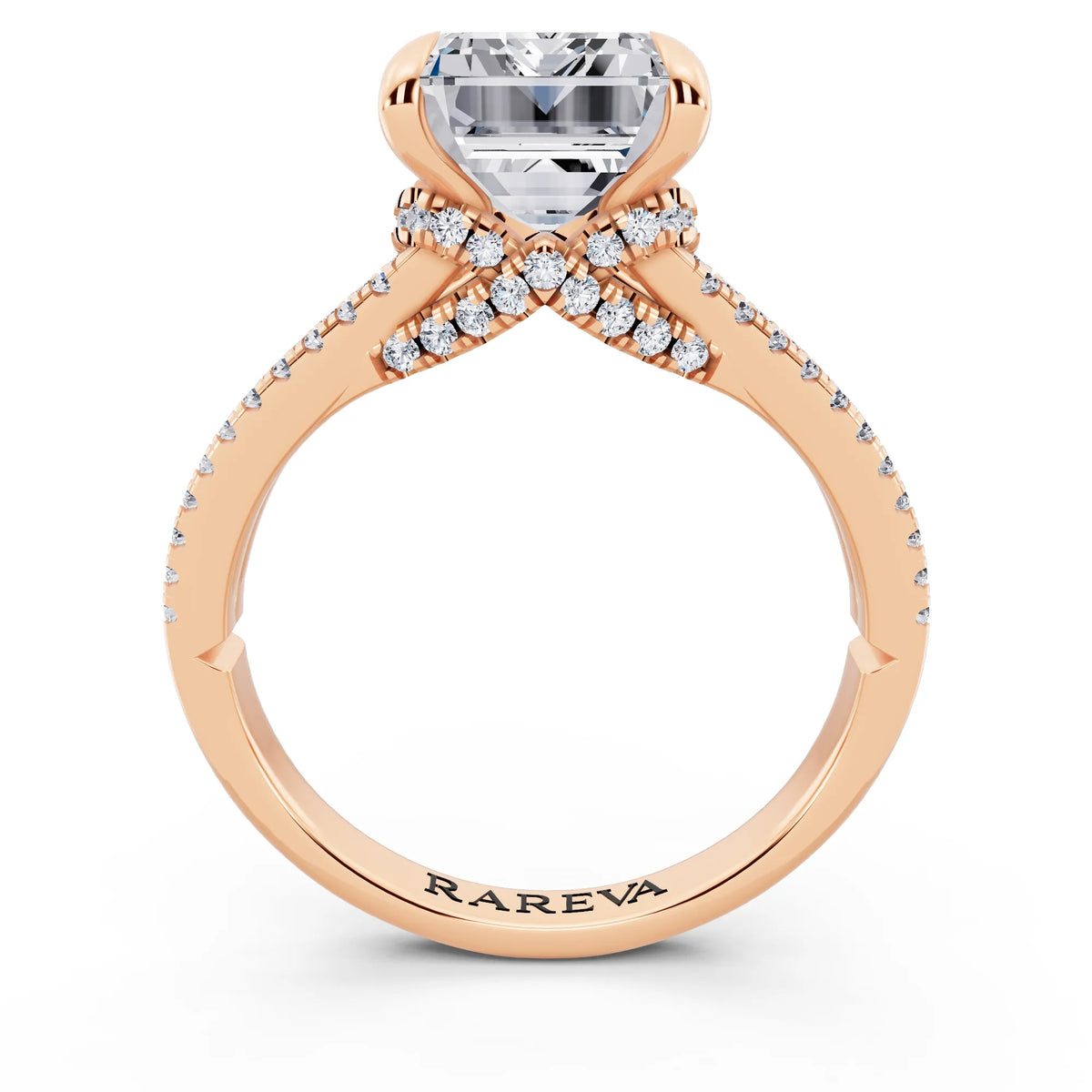 14 KT Rose Gold Emerald Cut Diamond Ring with Pavé Split Shank - through finger