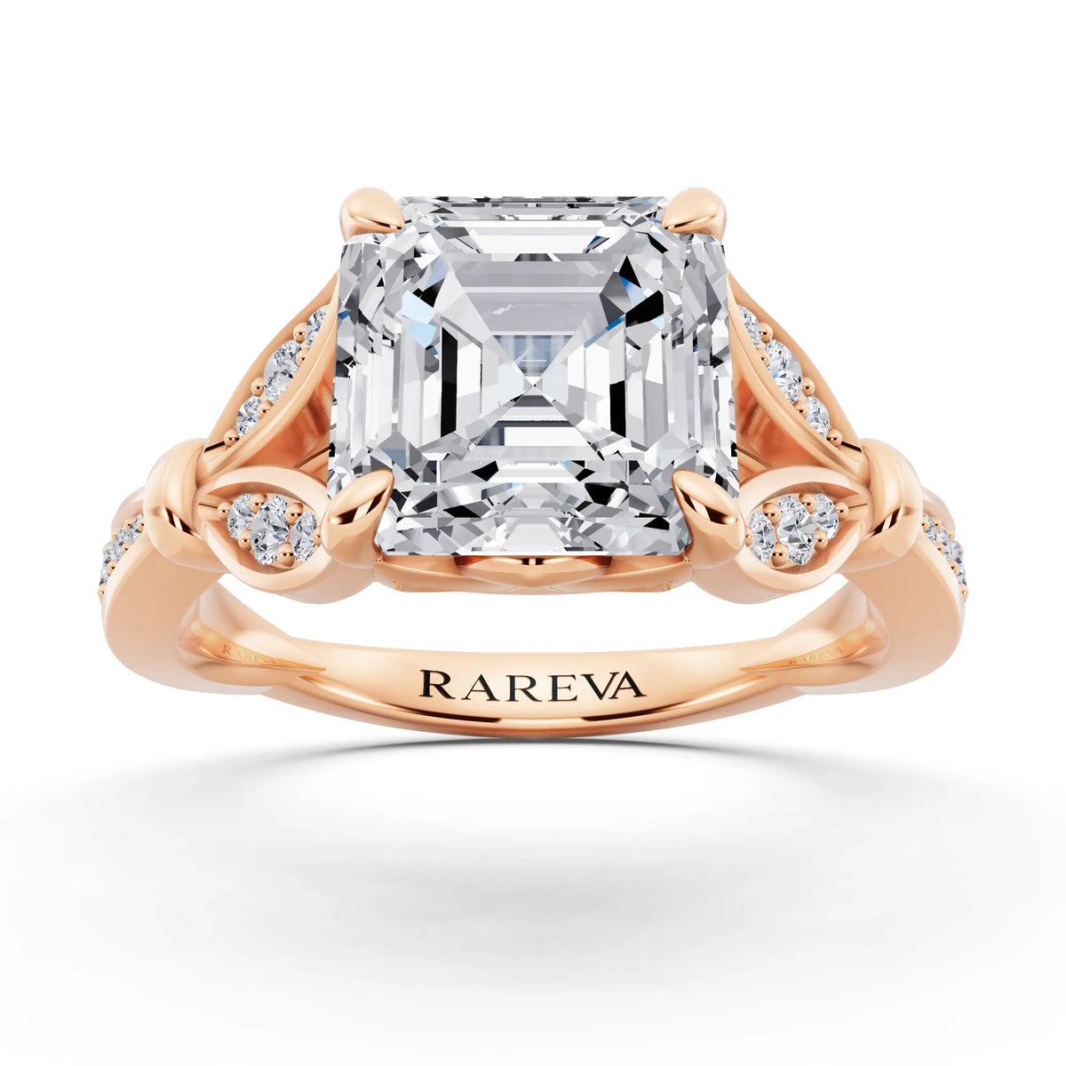 14 KT Rose Gold Asscher Cut Diamond Ring with Lotus Collar - front view